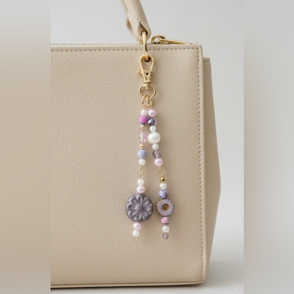 Handmade Accessories - Elegant Lavender Beaded Bag Charm Keychain with Real Pearl and Gold Tones